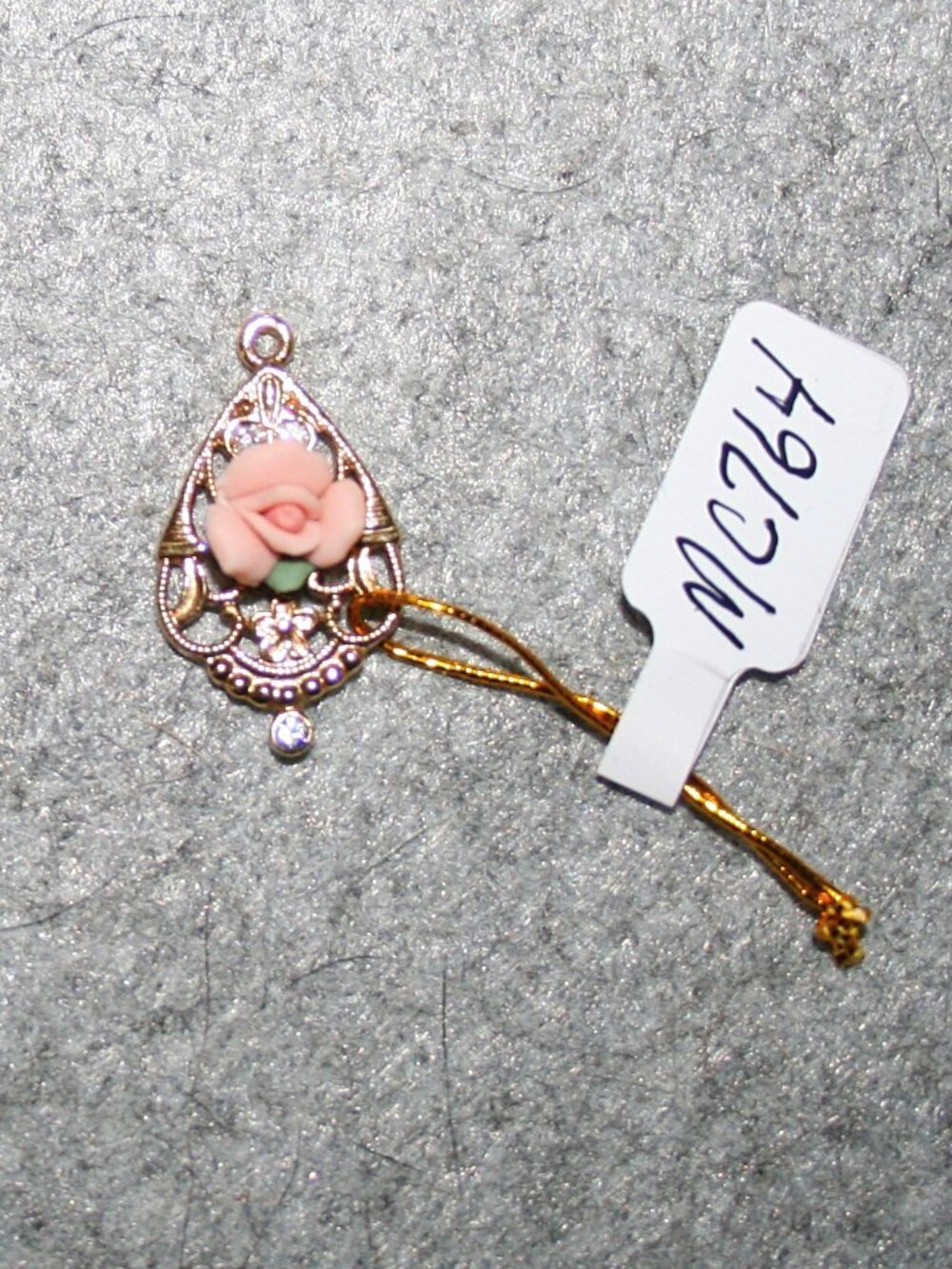 Rose Porcelain 1928 Collection Clear Rhinestones Gold Tone Filigree Pendant